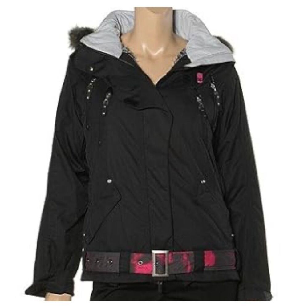 DC Snowboarding Pica-P Black Faux Fur Hooded Winter Coat Jacket Women's Small